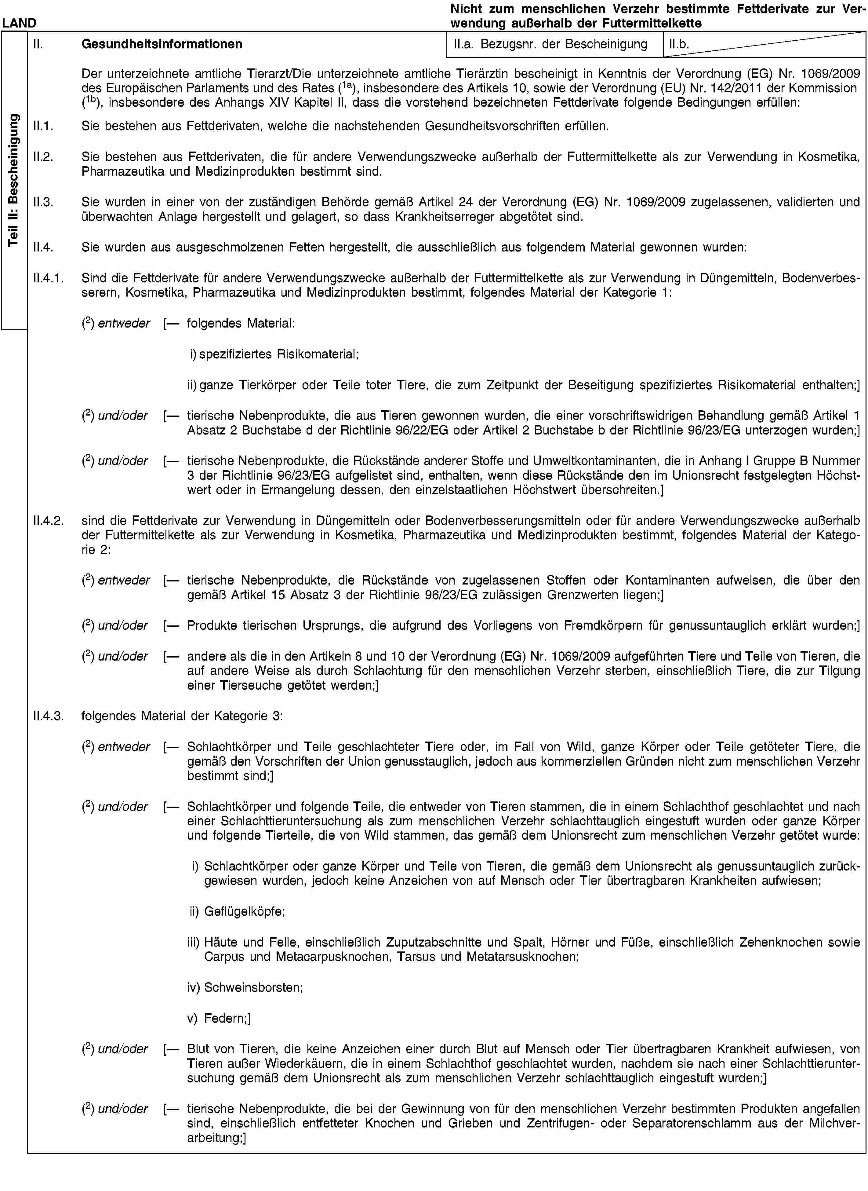 Teil II: BescheinigungLANDNicht zum menschlichen Verzehr bestimmte Fettderivate zur Verwendung außerhalb der FuttermittelketteII. GesundheitsinformationenII.a. Bezugsnr. der BescheinigungII.b.Der unterzeichnete amtliche Tierarzt/Die unterzeichnete amtliche Tierärztin bescheinigt in Kenntnis der Verordnung (EG) Nr. 1069/2009 des Europäischen Parlaments und des Rates (1a), insbesondere des Artikels 10, sowie der Verordnung (EU) Nr. 142/2011 der Kommission (1b), insbesondere des Anhangs XIV Kapitel II, dass die vorstehend bezeichneten Fettderivate folgende Bedingungen erfüllen:II.1. Sie bestehen aus Fettderivaten, welche die nachstehenden Gesundheitsvorschriften erfüllen.II.2. Sie bestehen aus Fettderivaten, die für andere Verwendungszwecke außerhalb der Futtermittelkette als zur Verwendung in Kosmetika, Pharmazeutika und Medizinprodukten bestimmt sind.II.3. Sie wurden in einer von der zuständigen Behörde gemäß Artikel 24 der Verordnung (EG) Nr. 1069/2009 zugelassenen, validierten und überwachten Anlage hergestellt und gelagert, so dass Krankheitserreger abgetötet sind.II.4. Sie wurden aus ausgeschmolzenen Fetten hergestellt, die ausschließlich aus folgendem Material gewonnen wurden:II.4.1. Sind die Fettderivate für andere Verwendungszwecke außerhalb der Futtermittelkette als zur Verwendung in Düngemitteln, Bodenverbesserern, Kosmetika, Pharmazeutika und Medizinprodukten bestimmt, folgendes Material der Kategorie 1:(2) entweder [— folgendes Material:i) spezifiziertes Risikomaterial;ii) ganze Tierkörper oder Teile toter Tiere, die zum Zeitpunkt der Beseitigung spezifiziertes Risikomaterial enthalten;](2) und/oder [— tierische Nebenprodukte, die aus Tieren gewonnen wurden, die einer vorschriftswidrigen Behandlung gemäß Artikel 1 Absatz 2 Buchstabe d der Richtlinie 96/22/EG oder Artikel 2 Buchstabe b der Richtlinie 96/23/EG unterzogen wurden;](2) und/oder [— tierische Nebenprodukte, die Rückstände anderer Stoffe und Umweltkontaminanten, die in Anhang I Gruppe B Nummer 3 der Richtlinie 96/23/EG aufgelistet sind, enthalten, wenn diese Rückstände den im Unionsrecht festgelegten Höchstwert oder in Ermangelung dessen, den einzelstaatlichen Höchstwert überschreiten.]II.4.2. sind die Fettderivate zur Verwendung in Düngemitteln oder Bodenverbesserungsmitteln oder für andere Verwendungszwecke außerhalb der Futtermittelkette als zur Verwendung in Kosmetika, Pharmazeutika und Medizinprodukten bestimmt, folgendes Material der Kategorie 2:(2) entweder [— tierische Nebenprodukte, die Rückstände von zugelassenen Stoffen oder Kontaminanten aufweisen, die über den gemäß Artikel 15 Absatz 3 der Richtlinie 96/23/EG zulässigen Grenzwerten liegen;](2) und/oder [— Produkte tierischen Ursprungs, die aufgrund des Vorliegens von Fremdkörpern für genussuntauglich erklärt wurden;](2) und/oder [— andere als die in den Artikeln 8 und 10 der Verordnung (EG) Nr. 1069/2009 aufgeführten Tiere und Teile von Tieren, die auf andere Weise als durch Schlachtung für den menschlichen Verzehr sterben, einschließlich Tiere, die zur Tilgung einer Tierseuche getötet werden;]II.4.3. folgendes Material der Kategorie 3:(2) entweder [— Schlachtkörper und Teile geschlachteter Tiere oder, im Fall von Wild, ganze Körper oder Teile getöteter Tiere, die gemäß den Vorschriften der Union genusstauglich, jedoch aus kommerziellen Gründen nicht zum menschlichen Verzehr bestimmt sind;](2) und/oder [— Schlachtkörper und folgende Teile, die entweder von Tieren stammen, die in einem Schlachthof geschlachtet und nach einer Schlachttieruntersuchung als zum menschlichen Verzehr schlachttauglich eingestuft wurden oder ganze Körper und folgende Tierteile, die von Wild stammen, das gemäß dem Unionsrecht zum menschlichen Verzehr getötet wurde:i) Schlachtkörper oder ganze Körper und Teile von Tieren, die gemäß dem Unionsrecht als genussuntauglich zurückgewiesen wurden, jedoch keine Anzeichen von auf Mensch oder Tier übertragbaren Krankheiten aufwiesen;ii) Geflügelköpfe;iii) Häute und Felle, einschließlich Zuputzabschnitte und Spalt, Hörner und Füße, einschließlich Zehenknochen sowie Carpus und Metacarpusknochen, Tarsus und Metatarsusknochen;iv) Schweinsborsten;v) Federn;](2) und/oder [— Blut von Tieren, die keine Anzeichen einer durch Blut auf Mensch oder Tier übertragbaren Krankheit aufwiesen, von Tieren außer Wiederkäuern, die in einem Schlachthof geschlachtet wurden, nachdem sie nach einer Schlachttieruntersuchung gemäß dem Unionsrecht als zum menschlichen Verzehr schlachttauglich eingestuft wurden;](2) und/oder [— tierische Nebenprodukte, die bei der Gewinnung von für den menschlichen Verzehr bestimmten Produkten angefallen sind, einschließlich entfetteter Knochen und Grieben und Zentrifugen- oder Separatorenschlamm aus der Milchverarbeitung;]