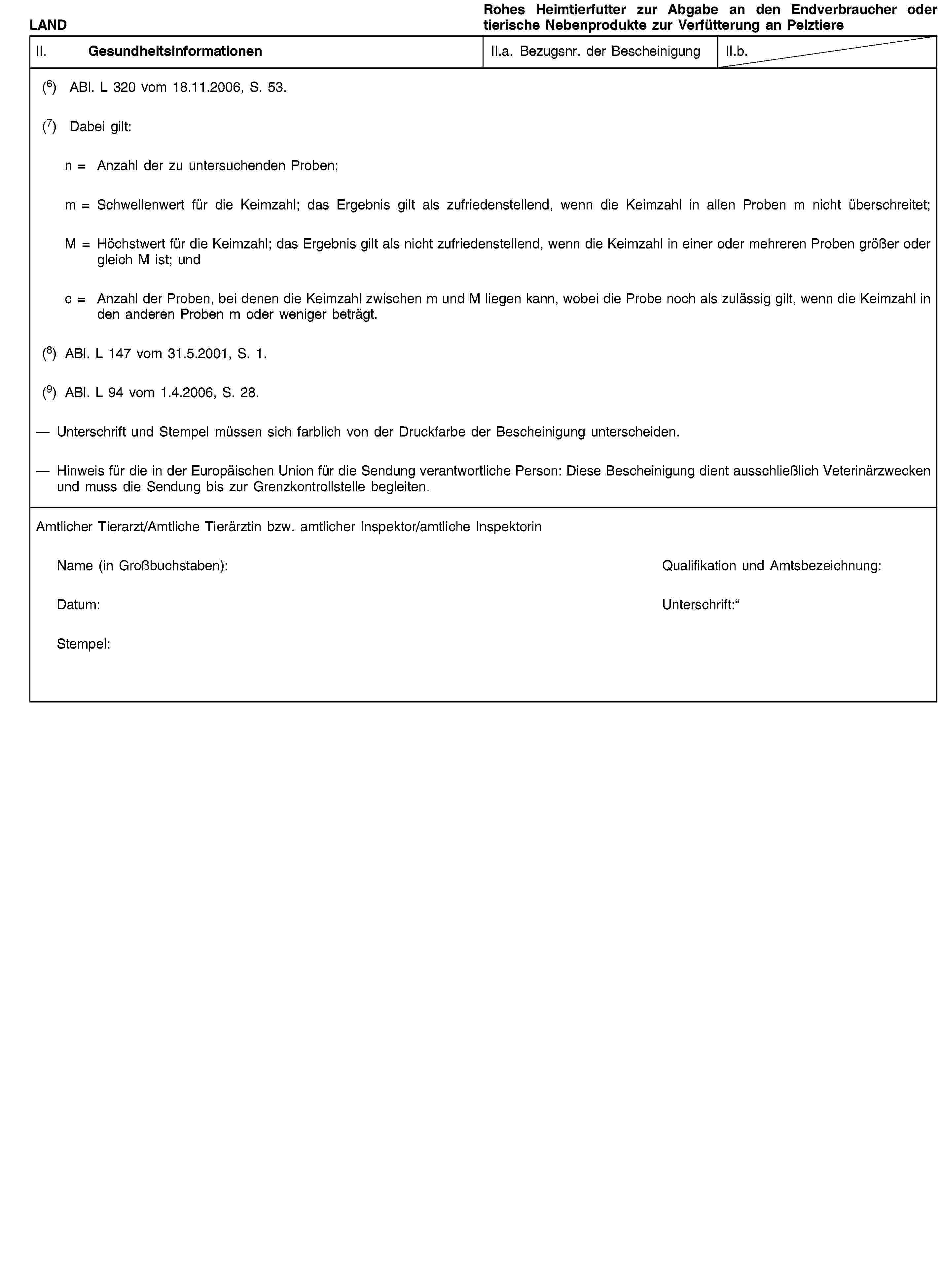 LANDRohes Heimtierfutter zur Abgabe an den Endverbraucher oder tierische Nebenprodukte zur Verfütterung an PelztiereII. GesundheitsinformationenII.a. Bezugsnr. der BescheinigungII.b.(6) ABl. L 320 vom 18.11.2006, S. 53.(7) Dabei gilt:n = Anzahl der zu untersuchenden Proben;m = Schwellenwert für die Keimzahl; das Ergebnis gilt als zufriedenstellend, wenn die Keimzahl in allen Proben m nicht überschreitet;M = Höchstwert für die Keimzahl; das Ergebnis gilt als nicht zufriedenstellend, wenn die Keimzahl in einer oder mehreren Proben größer oder gleich M ist; undc = Anzahl der Proben, bei denen die Keimzahl zwischen m und M liegen kann, wobei die Probe noch als zulässig gilt, wenn die Keimzahl in den anderen Proben m oder weniger beträgt.(8) ABl. L 147 vom 31.5.2001, S. 1.(9) ABl. L 94 vom 1.4.2006, S. 28.Unterschrift und Stempel müssen sich farblich von der Druckfarbe der Bescheinigung unterscheiden.Hinweis für die in der Europäischen Union für die Sendung verantwortliche Person: Diese Bescheinigung dient ausschließlich Veterinärzwecken und muss die Sendung bis zur Grenzkontrollstelle begleiten.Amtlicher Tierarzt/Amtliche Tierärztin bzw. amtlicher Inspektor/amtliche InspektorinName (in Großbuchstaben):Qualifikation und Amtsbezeichnung:Datum:Unterschrift:Stempel: