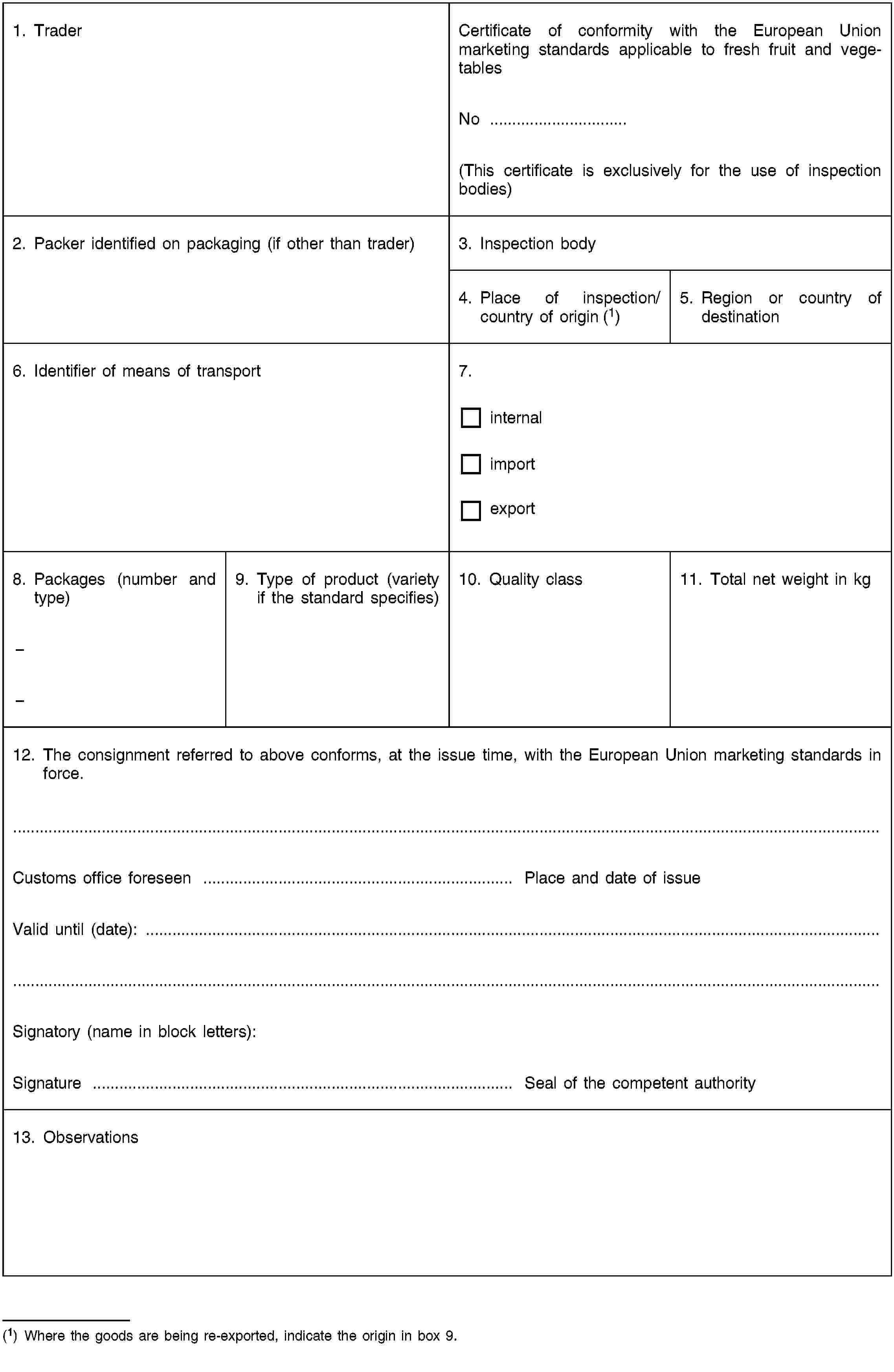 1. TraderCertificate of conformity with the European Union marketing standards applicable to fresh fruit and vegetablesNo …(This certificate is exclusively for the use of inspection bodies)2. Packer identified on packaging (if other than trader)3. Inspection body4. Place of inspection/country of origin (1)5. Region or country of destination6. Identifier of means of transport7.internalimportexport8. Packages (number and type)––9. Type of product (variety if the standard specifies)10. Quality class11. Total net weight in kg12. The consignment referred to above conforms, at the issue time, with the European Union marketing standards in force.Customs office foreseen …Place and date of issueValid until (date): …Signatory (name in block letters):Signature …Seal of the competent authority13. Observations(1) Where the goods are being re-exported, indicate the origin in box 9.