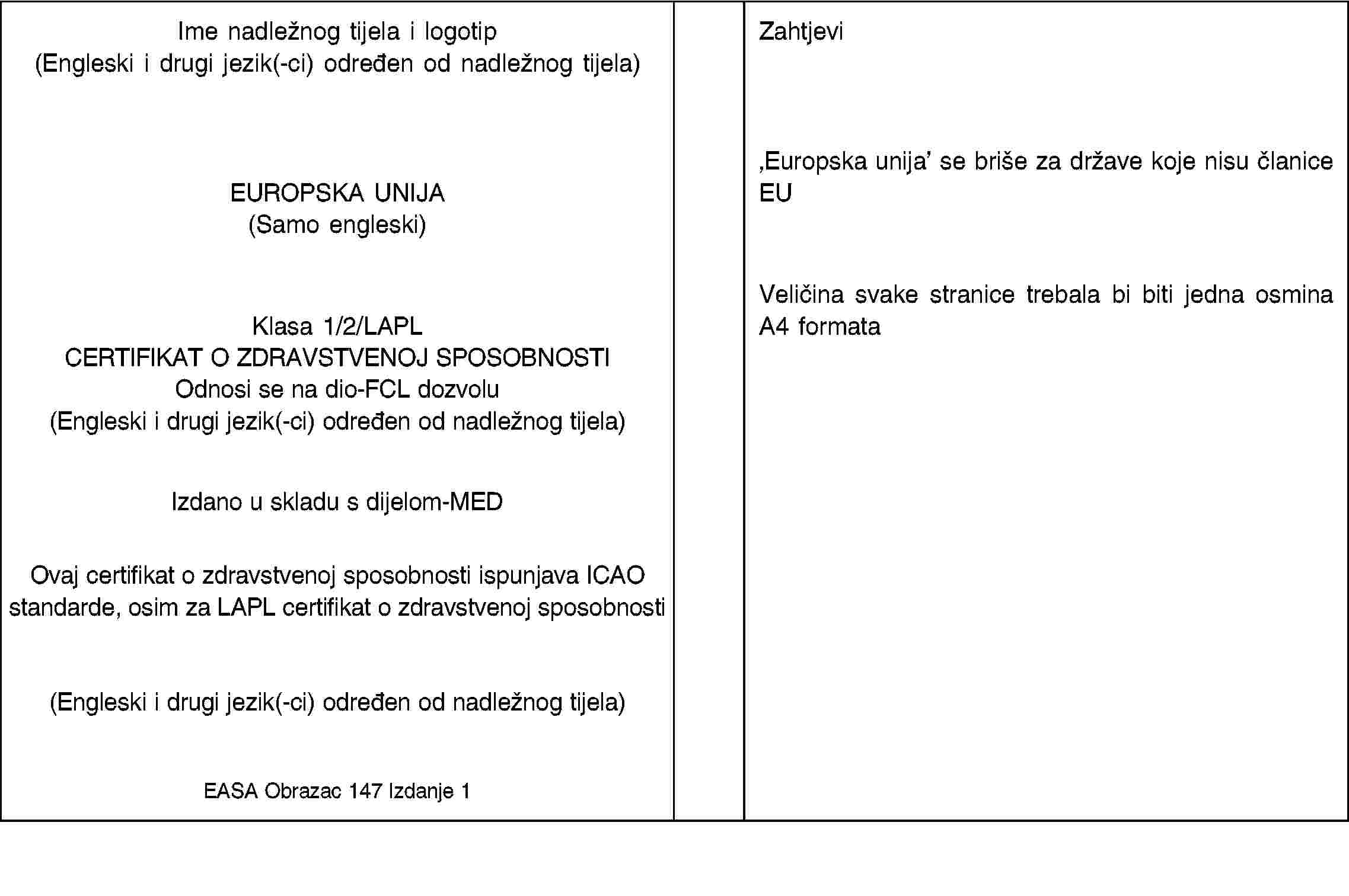 Ime nadležnog tijela i logotip (Engleski i drugi jezik(-ci) određen od nadležnog tijela)EUROPSKA UNIJA (Samo engleski)Klasa 1/2/LAPLCERTIFIKAT O ZDRAVSTVENOJ SPOSOBNOSTIOdnosi se na dio-FCL dozvolu (Engleski i drugi jezik(-ci) određen od nadležnog tijela)Izdano u skladu s dijelom-MEDOvaj certifikat o zdravstvenoj sposobnosti ispunjava ICAO standarde, osim za LAPL certifikat o zdravstvenoj sposobnosti(Engleski i drugi jezik(-ci) određen od nadležnog tijela)EASA Obrazac 147 Izdanje 1Zahtjevi‚Europska unija’ se briše za države koje nisu članice EUVeličina svake stranice trebala bi biti jedna osmina A4 formata