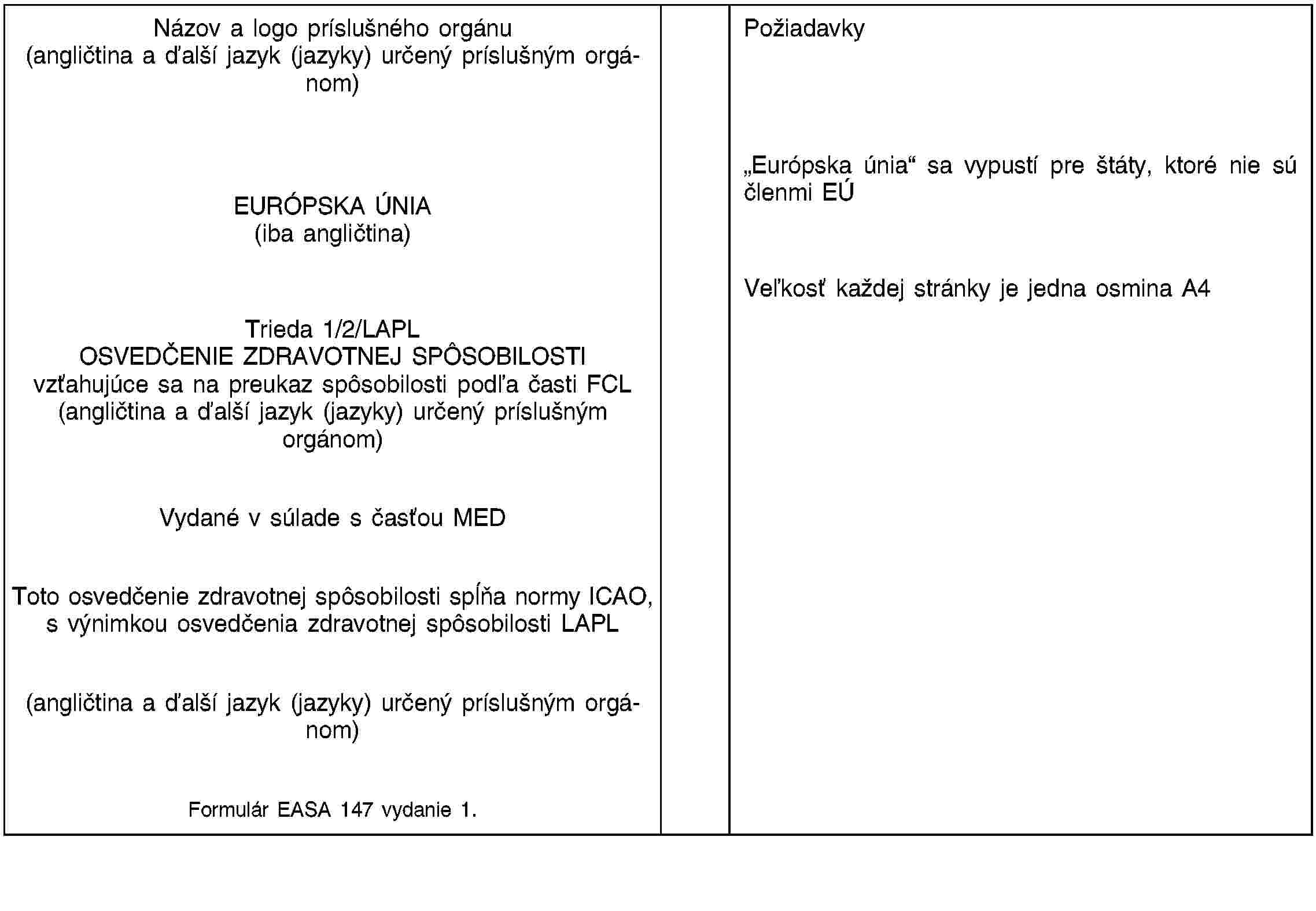 Názov a logo príslušného orgánu(angličtina a ďalší jazyk (jazyky) určený príslušným orgánom)PožiadavkyEURÓPSKA ÚNIA(iba angličtina)Trieda 1/2/LAPLOSVEDČENIE ZDRAVOTNEJ SPÔSOBILOSTIvzťahujúce sa na preukaz spôsobilosti podľa časti FCL(angličtina a ďalší jazyk (jazyky) určený príslušným orgánom)Vydané v súlade s časťou MEDToto osvedčenie zdravotnej spôsobilosti spĺňa normy ICAO, s výnimkou osvedčenia zdravotnej spôsobilosti LAPL(angličtina a ďalší jazyk (jazyky) určený príslušným orgánom)Formulár EASA 147 vydanie 1.„Európska únia“ sa vypustí pre štáty, ktoré nie sú členmi EÚVeľkosť každej stránky je jedna osmina A4