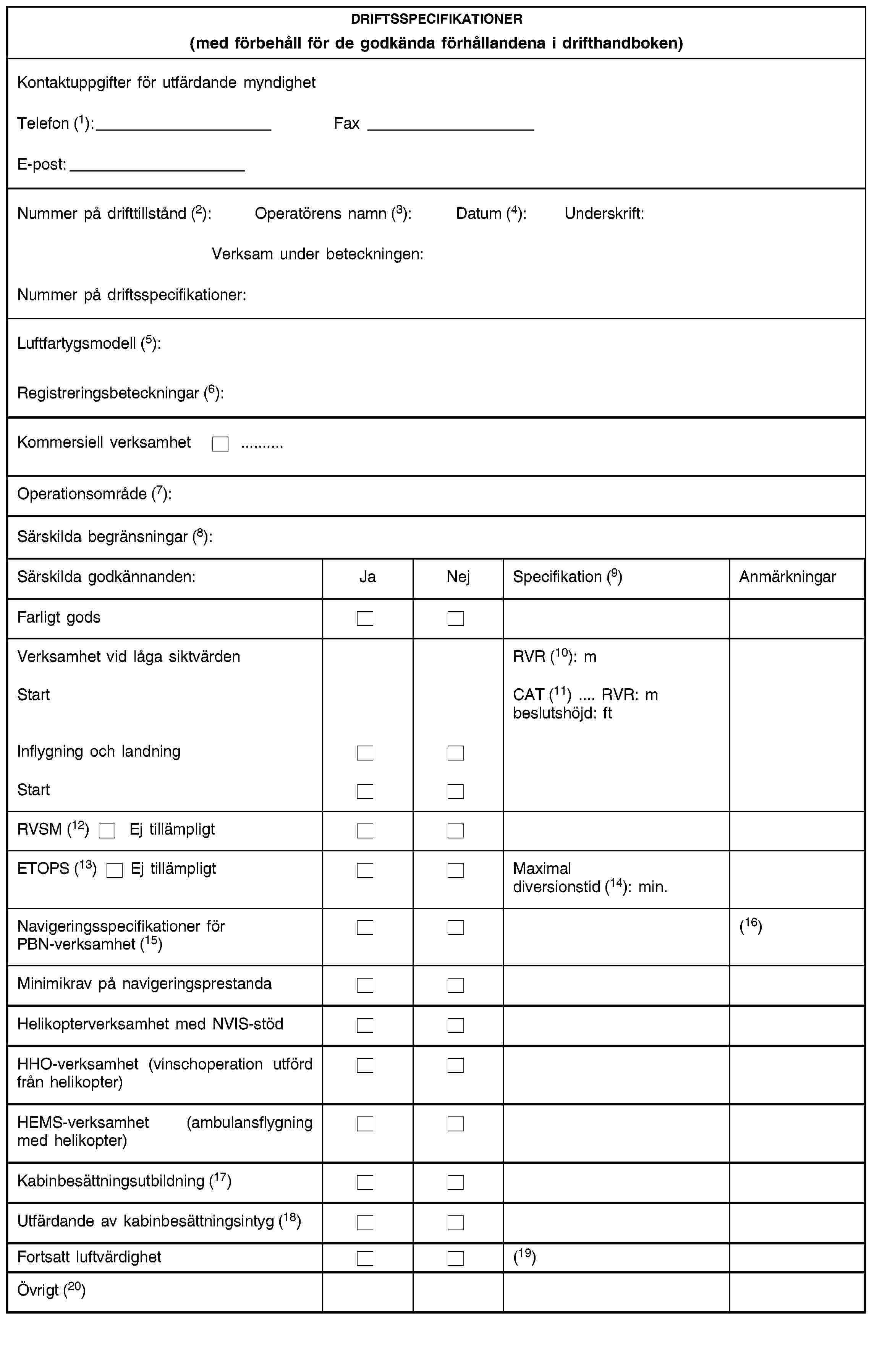 DRIFTSSPECIFIKATIONER(med förbehåll för de godkända förhållandena i drifthandboken)Kontaktuppgifter för utfärdande myndighetTelefon (1):FaxE-post:Nummer på drifttillstånd (2):Operatörens namn (3):Datum (4):Underskrift:Verksam under beteckningen:Nummer på driftsspecifikationer:Luftfartygsmodell (5):Registreringsbeteckningar (6):Kommersiell verksamhet …Operationsområde (7):Särskilda begränsningar (8):Särskilda godkännanden:JaNejSpecifikation (9)AnmärkningarFarligt godsVerksamhet vid låga siktvärdenRVR (10): mStartCAT (11) … RVR: m beslutshöjd: ftInflygning och landningStartRVSM (12) Ej tillämpligtETOPS (13) Ej tillämpligtMaximal diversionstid (14): min.Navigeringsspecifikationer för PBN-verksamhet (15)(16)Minimikrav på navigeringsprestandaHelikopterverksamhet med NVIS-stödHHO-verksamhet (vinschoperation utförd från helikopter)HEMS-verksamhet (ambulansflygning med helikopter)Kabinbesättningsutbildning (17)Utfärdande av kabinbesättningsintyg (18)Fortsatt luftvärdighet(19)Övrigt (20)