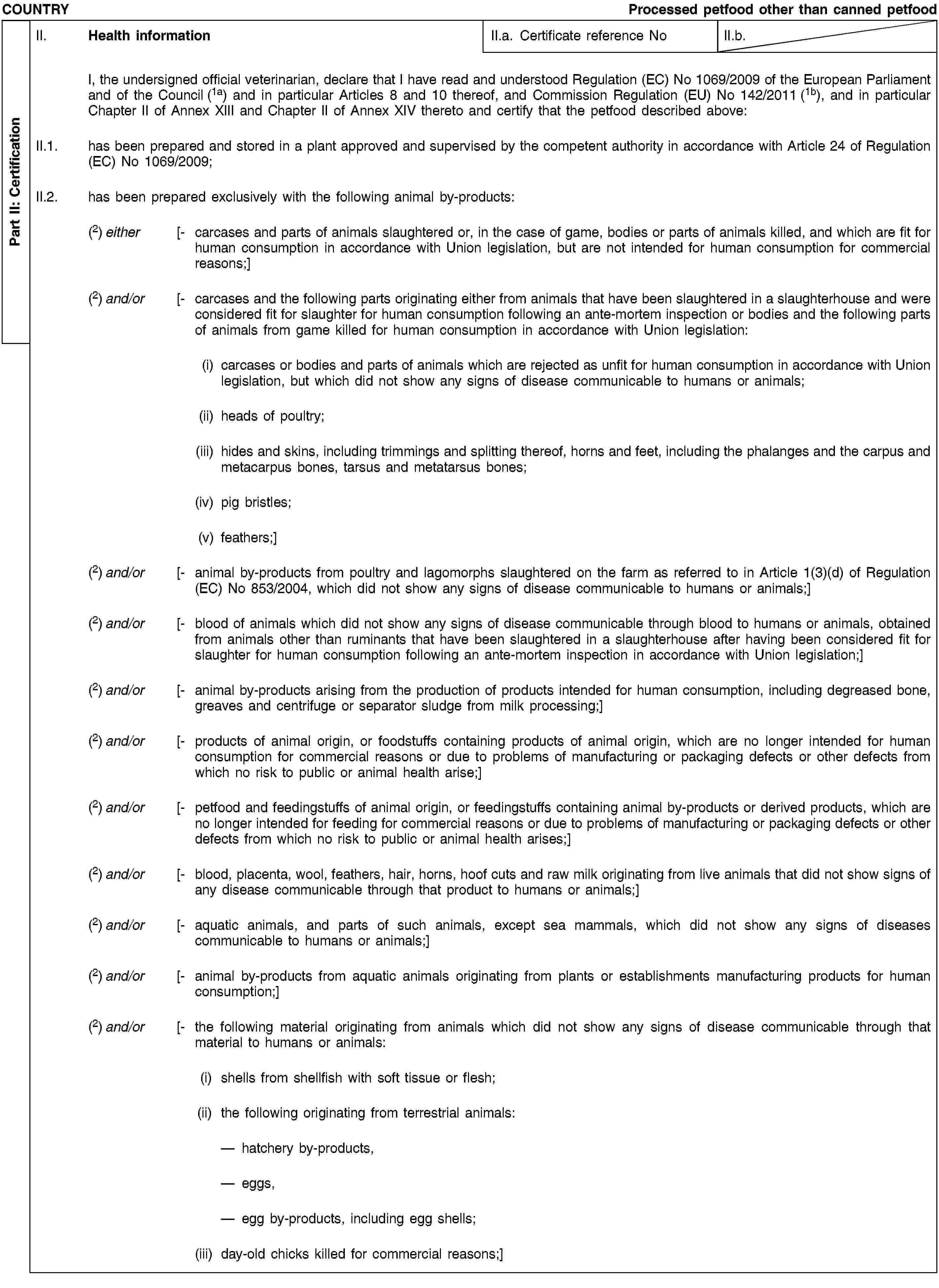 Part II: CertificationCOUNTRYProcessed petfood other than canned petfoodII. Health informationII.a. Certificate reference NoII.b.I, the undersigned official veterinarian, declare that I have read and understood Regulation (EC) No 1069/2009 of the European Parliament and of the Council (1a) and in particular Articles 8 and 10 thereof, and Commission Regulation (EU) No 142/2011 (1b), and in particular Chapter II of Annex XIII and Chapter II of Annex XIV thereto and certify that the petfood described above:II.1. has been prepared and stored in a plant approved and supervised by the competent authority in accordance with Article 24 of Regulation (EC) No 1069/2009;II.2. has been prepared exclusively with the following animal by-products:(2) either [- carcases and parts of animals slaughtered or, in the case of game, bodies or parts of animals killed, and which are fit for human consumption in accordance with Union legislation, but are not intended for human consumption for commercial reasons;](2) and/or [- carcases and the following parts originating either from animals that have been slaughtered in a slaughterhouse and were considered fit for slaughter for human consumption following an ante-mortem inspection or bodies and the following parts of animals from game killed for human consumption in accordance with Union legislation:(i) carcases or bodies and parts of animals which are rejected as unfit for human consumption in accordance with Union legislation, but which did not show any signs of disease communicable to humans or animals;(ii) heads of poultry;(iii) hides and skins, including trimmings and splitting thereof, horns and feet, including the phalanges and the carpus and metacarpus bones, tarsus and metatarsus bones;(iv) pig bristles;(v) feathers;](2) and/or [- animal by-products from poultry and lagomorphs slaughtered on the farm as referred to in Article 1(3)(d) of Regulation (EC) No 853/2004, which did not show any signs of disease communicable to humans or animals;](2) and/or [- blood of animals which did not show any signs of disease communicable through blood to humans or animals, obtained from animals other than ruminants that have been slaughtered in a slaughterhouse after having been considered fit for slaughter for human consumption following an ante-mortem inspection in accordance with Union legislation;](2) and/or [- animal by-products arising from the production of products intended for human consumption, including degreased bone, greaves and centrifuge or separator sludge from milk processing;](2) and/or [- products of animal origin, or foodstuffs containing products of animal origin, which are no longer intended for human consumption for commercial reasons or due to problems of manufacturing or packaging defects or other defects from which no risk to public or animal health arise;](2) and/or [- petfood and feedingstuffs of animal origin, or feedingstuffs containing animal by-products or derived products, which are no longer intended for feeding for commercial reasons or due to problems of manufacturing or packaging defects or other defects from which no risk to public or animal health arises;](2) and/or [- blood, placenta, wool, feathers, hair, horns, hoof cuts and raw milk originating from live animals that did not show signs of any disease communicable through that product to humans or animals;](2) and/or [- aquatic animals, and parts of such animals, except sea mammals, which did not show any signs of diseases communicable to humans or animals;](2) and/or [- animal by-products from aquatic animals originating from plants or establishments manufacturing products for human consumption;](2) and/or [- the following material originating from animals which did not show any signs of disease communicable through that material to humans or animals:(i) shells from shellfish with soft tissue or flesh;(ii) the following originating from terrestrial animals:hatchery by-products,eggs,egg by-products, including egg shells;(iii) day-old chicks killed for commercial reasons;]