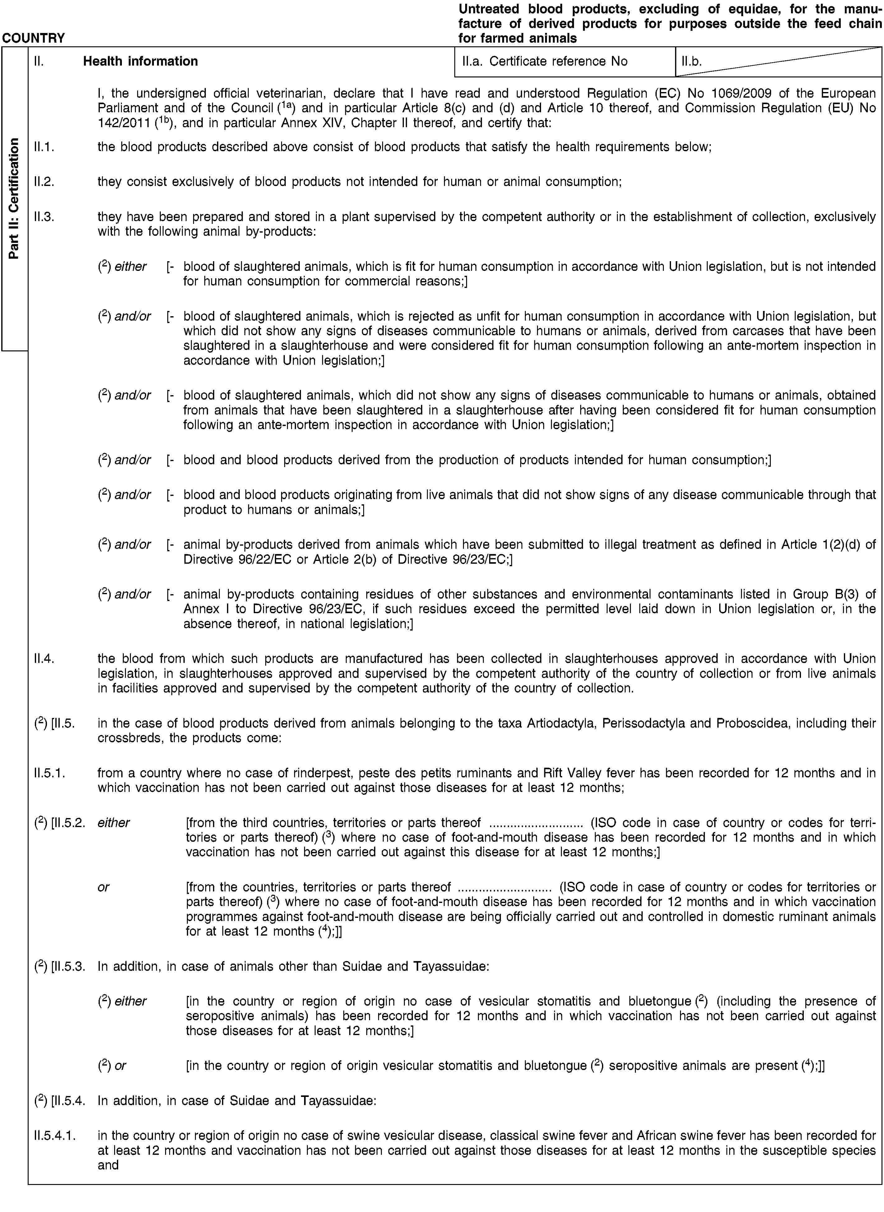 Part II: CertificationCOUNTRYUntreated blood products, excluding of equidae, for the manufacture of derived products for purposes outside the feed chain for farmed animalsII. Health informationII.a. Certificate reference NoII.b.I, the undersigned official veterinarian, declare that I have read and understood Regulation (EC) No 1069/2009 of the European Parliament and of the Council (1a) and in particular Article 8(c) and (d) and Article 10 thereof, and Commission Regulation (EU) No 142/2011 (1b), and in particular Annex XIV, Chapter II thereof, and certify that:II.1. the blood products described above consist of blood products that satisfy the health requirements below;II.2. they consist exclusively of blood products not intended for human or animal consumption;II.3. they have been prepared and stored in a plant supervised by the competent authority or in the establishment of collection, exclusively with the following animal by-products:(2) either [- blood of slaughtered animals, which is fit for human consumption in accordance with Union legislation, but is not intended for human consumption for commercial reasons;](2) and/or [- blood of slaughtered animals, which is rejected as unfit for human consumption in accordance with Union legislation, but which did not show any signs of diseases communicable to humans or animals, derived from carcases that have been slaughtered in a slaughterhouse and were considered fit for human consumption following an ante-mortem inspection in accordance with Union legislation;](2) and/or [- blood of slaughtered animals, which did not show any signs of diseases communicable to humans or animals, obtained from animals that have been slaughtered in a slaughterhouse after having been considered fit for human consumption following an ante-mortem inspection in accordance with Union legislation;](2) and/or [- blood and blood products derived from the production of products intended for human consumption;](2) and/or [- blood and blood products originating from live animals that did not show signs of any disease communicable through that product to humans or animals;](2) and/or [- animal by-products derived from animals which have been submitted to illegal treatment as defined in Article 1(2)(d) of Directive 96/22/EC or Article 2(b) of Directive 96/23/EC;](2) and/or [- animal by-products containing residues of other substances and environmental contaminants listed in Group B(3) of Annex I to Directive 96/23/EC, if such residues exceed the permitted level laid down in Union legislation or, in the absence thereof, in national legislation;]II.4. the blood from which such products are manufactured has been collected in slaughterhouses approved in accordance with Union legislation, in slaughterhouses approved and supervised by the competent authority of the country of collection or from live animals in facilities approved and supervised by the competent authority of the country of collection.(2) [II.5. in the case of blood products derived from animals belonging to the taxa Artiodactyla, Perissodactyla and Proboscidea, including their crossbreds, the products come:II.5.1. from a country where no case of rinderpest, peste des petits ruminants and Rift Valley fever has been recorded for 12 months and in which vaccination has not been carried out against those diseases for at least 12 months;(2) [II.5.2. either [from the third countries, territories or parts thereof … (ISO code in case of country or codes for territories or parts thereof) (3) where no case of foot-and-mouth disease has been recorded for 12 months and in which vaccination has not been carried out against this disease for at least 12 months;]or [from the countries, territories or parts thereof … (ISO code in case of country or codes for territories or parts thereof) (3) where no case of foot-and-mouth disease has been recorded for 12 months and in which vaccination programmes against foot-and-mouth disease are being officially carried out and controlled in domestic ruminant animals for at least 12 months (4);]](2) [II.5.3. In addition, in case of animals other than Suidae and Tayassuidae:(2) either [in the country or region of origin no case of vesicular stomatitis and bluetongue (2) (including the presence of seropositive animals) has been recorded for 12 months and in which vaccination has not been carried out against those diseases for at least 12 months;](2) or [in the country or region of origin vesicular stomatitis and bluetongue (2) seropositive animals are present (4);]](2) [II.5.4. In addition, in case of Suidae and Tayassuidae:II.5.4.1. in the country or region of origin no case of swine vesicular disease, classical swine fever and African swine fever has been recorded for at least 12 months and vaccination has not been carried out against those diseases for at least 12 months in the susceptible species and