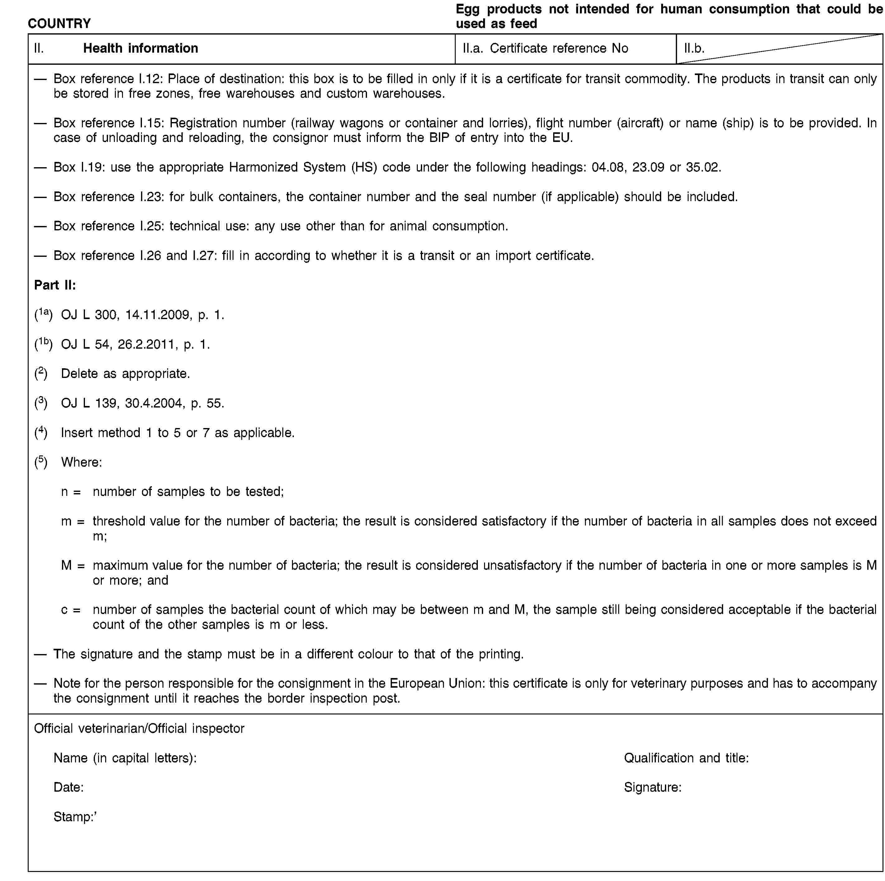 COUNTRYEgg products not intended for human consumption that could be used as feedII. Health informationII.a. Certificate reference NoII.b.Box reference I.12: Place of destination: this box is to be filled in only if it is a certificate for transit commodity. The products in transit can only be stored in free zones, free warehouses and custom warehouses.Box reference I.15: Registration number (railway wagons or container and lorries), flight number (aircraft) or name (ship) is to be provided. In case of unloading and reloading, the consignor must inform the BIP of entry into the EU.Box I.19: use the appropriate Harmonized System (HS) code under the following headings: 04.08, 23.09 or 35.02.Box reference I.23: for bulk containers, the container number and the seal number (if applicable) should be included.Box reference I.25: technical use: any use other than for animal consumption.Box reference I.26 and I.27: fill in according to whether it is a transit or an import certificate.Part II:(1a) OJ L 300, 14.11.2009, p. 1.(1b) OJ L 54, 26.2.2011, p. 1.(2) Delete as appropriate.(3) OJ L 139, 30.4.2004, p. 55.(4) Insert method 1 to 5 or 7 as applicable.(5) Where:n = number of samples to be tested;m = threshold value for the number of bacteria; the result is considered satisfactory if the number of bacteria in all samples does not exceed m;M = maximum value for the number of bacteria; the result is considered unsatisfactory if the number of bacteria in one or more samples is M or more; andc = number of samples the bacterial count of which may be between m and M, the sample still being considered acceptable if the bacterial count of the other samples is m or less.The signature and the stamp must be in a different colour to that of the printing.Note for the person responsible for the consignment in the European Union: this certificate is only for veterinary purposes and has to accompany the consignment until it reaches the border inspection post.Official veterinarian/Official inspectorName (in capital letters):Qualification and title:Date:Signature:Stamp: